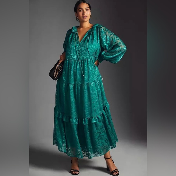 Anthropologie Marais Satin Maxi Dress Burnout Tiered Dark Green Size Small - Picture 1 of 9